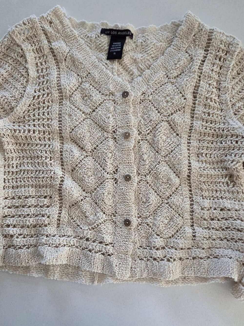 LIV Los Angeles XL Cream Crochet Open Knit Button Front Cardigan